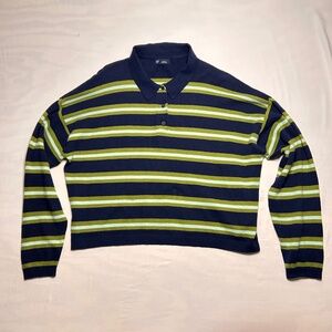 Gap CashSoft Relaxed Polo Sweater Womens L Tall Navy Green Stripes Cropped